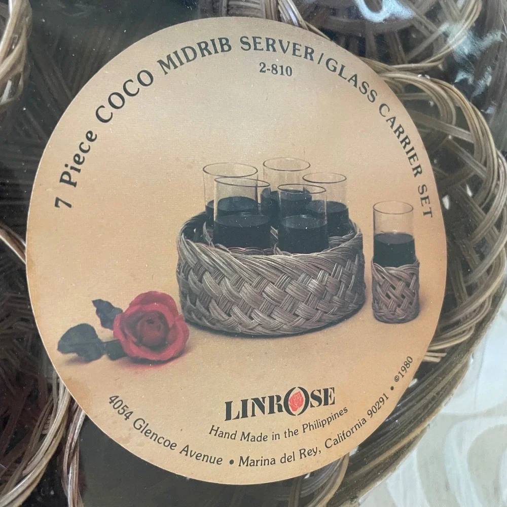 Linrose Vintage 1980 Coco Midrib 7 Piece Glass Carrier Set‎ Woven wicker rattan